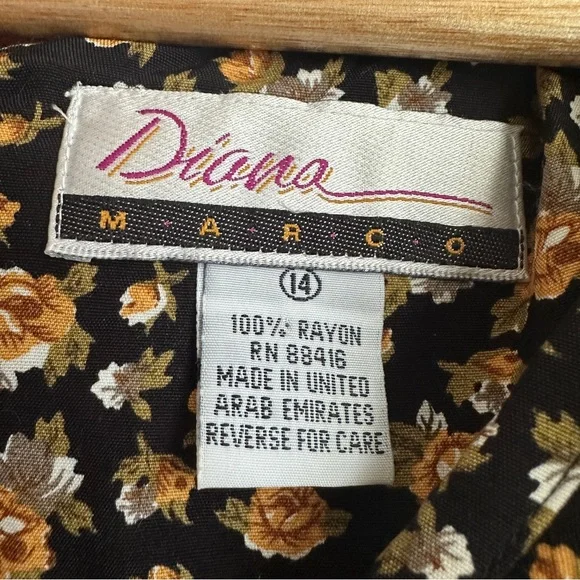 Vintage Diana Marco Fall Floral Long Sleeves Dress Size 14 - Picture 5 of 9